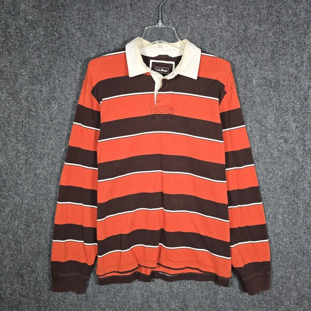 LL Bean Rugby Shirt Mens XL Striped Orange Brown Long Sleeve Cotton Fall Autumn